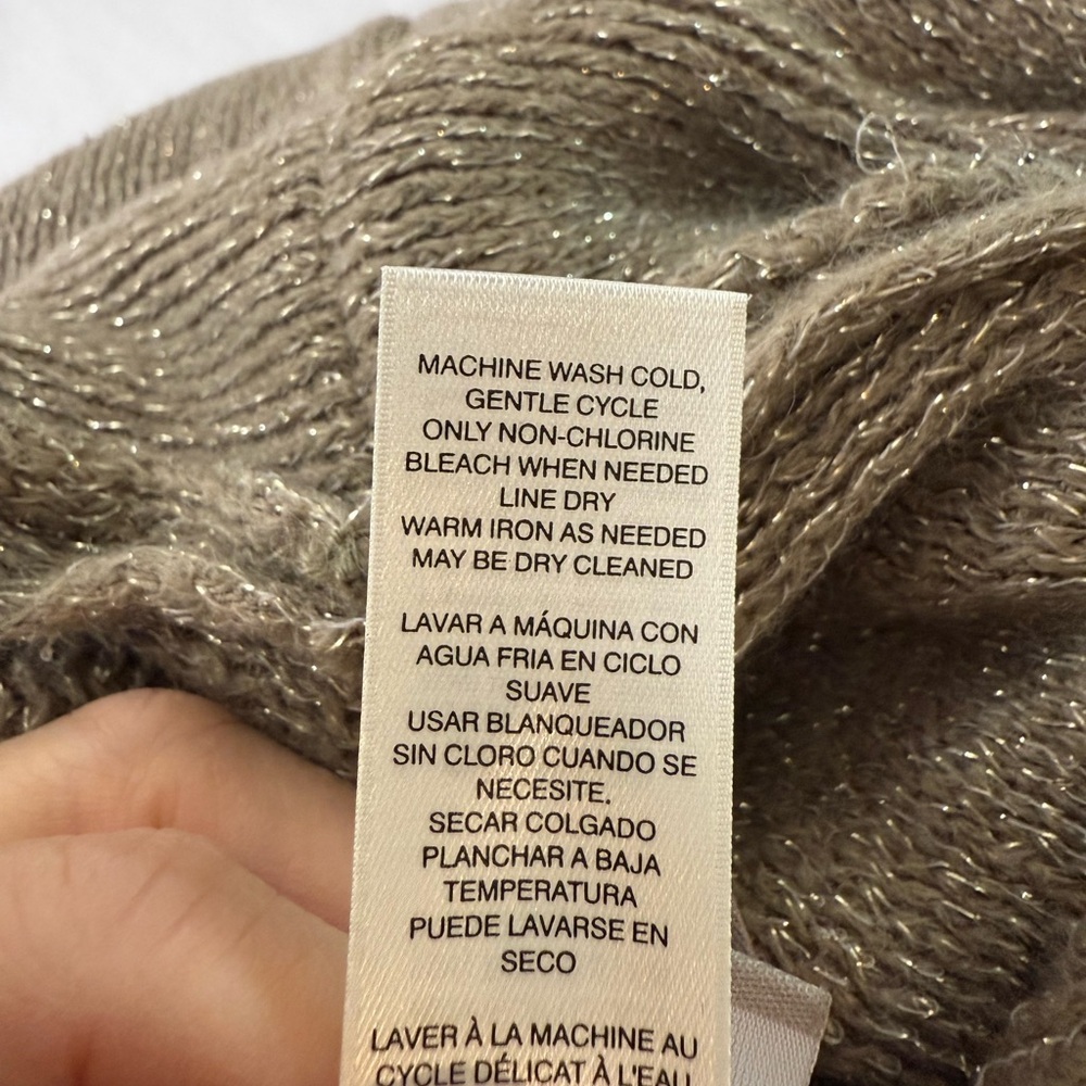 Chico’s Cowl Neck Fringed Triangle Metallic Taupe Poncho One Size NWT - Picture 7 of 7
